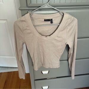 ASOS Beige RibbedLong Sleeve Crop Top